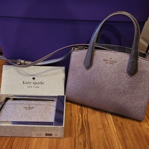 Kate Spade tinsel glitter satchel and cardholder in lilac frost